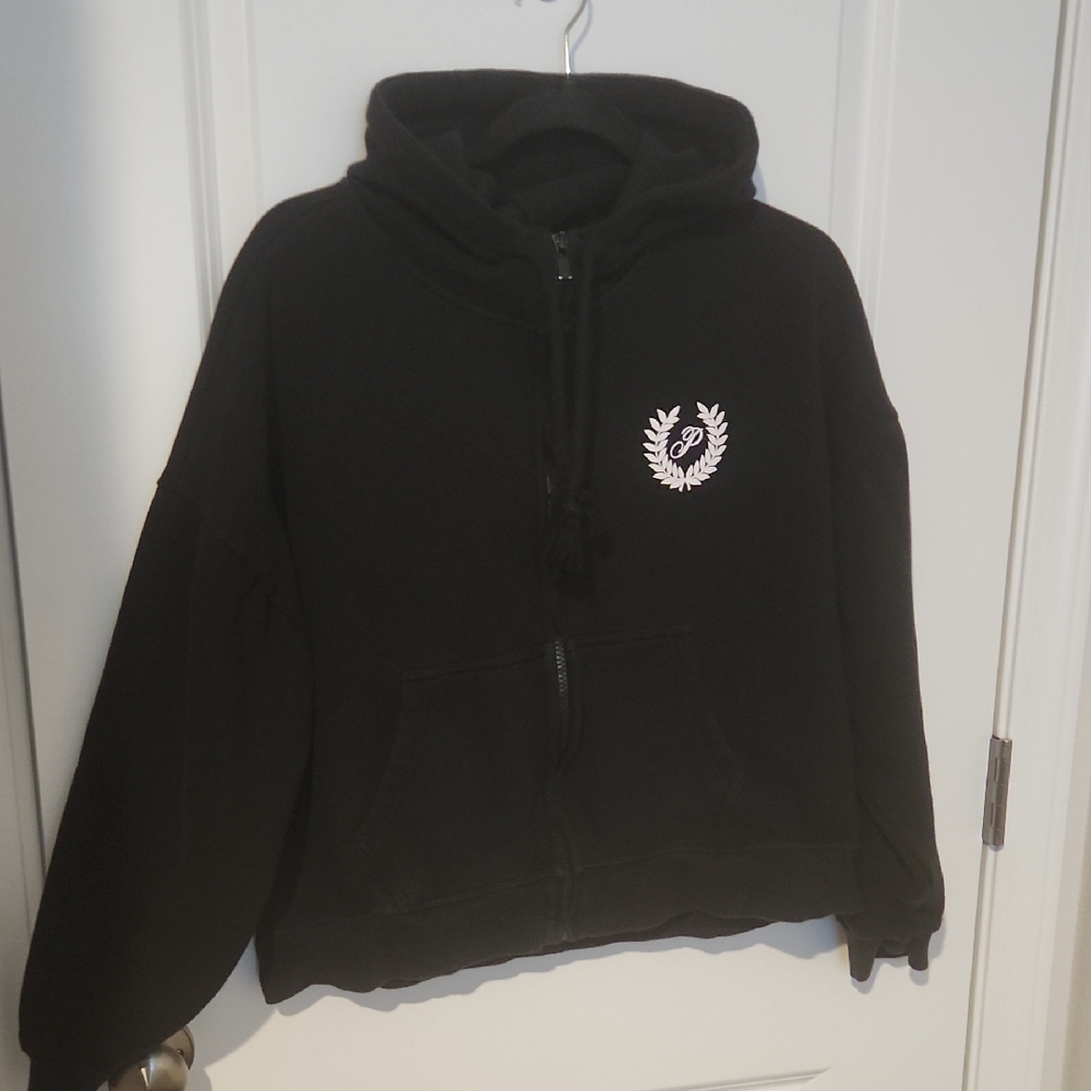 PINK Victoria's Secret Black Zip Hoodie with White Laurel Crest